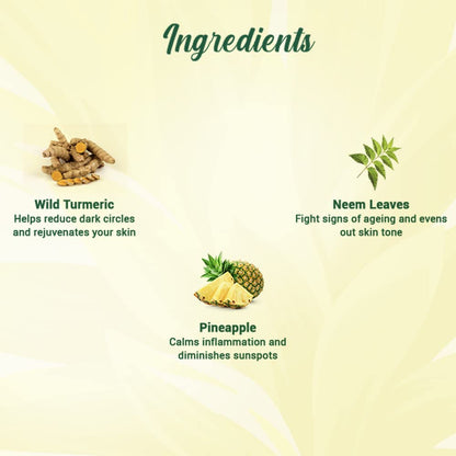Ingredients list with wild turmeric, neem leaves, and pineapple on a light yellow background.