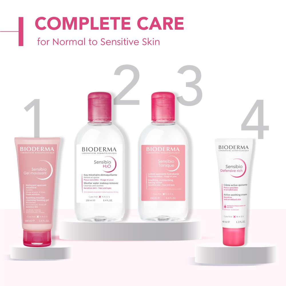 Bioderma skincare products with pink and white packaging on a white background