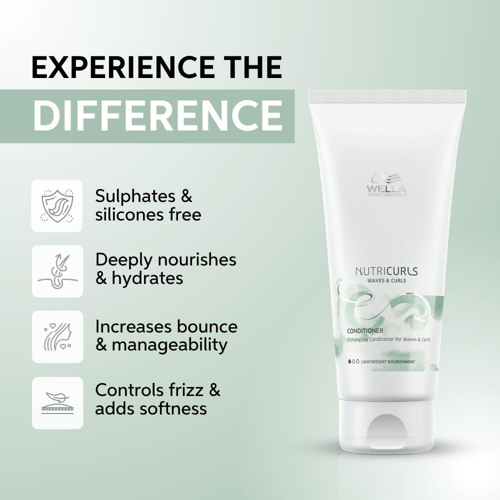Wella Nutricurls conditioner bottle with product benefits on a light green background