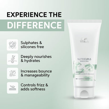Wella Nutricurls conditioner bottle with product benefits on a light green background