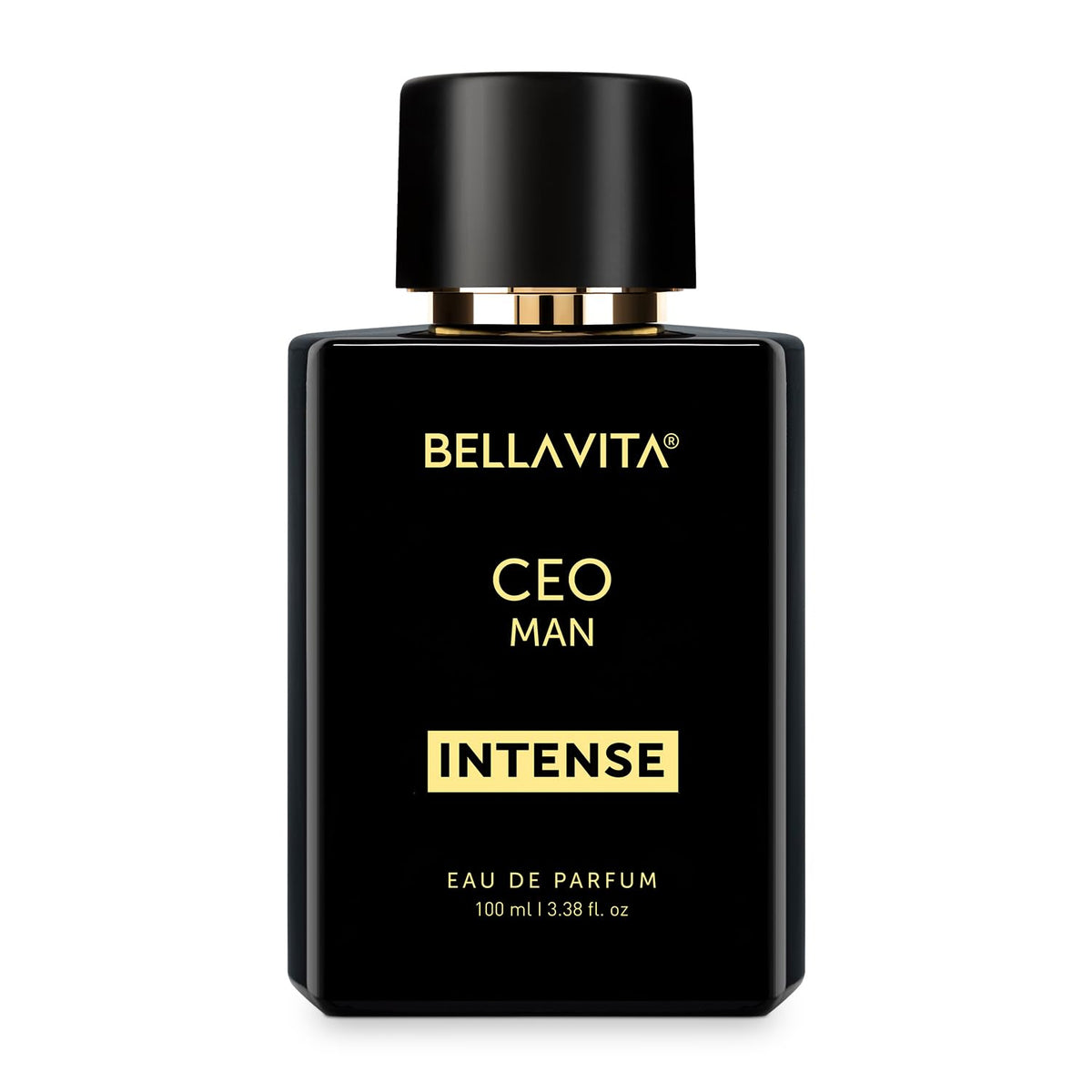 Black Bellavita perfume bottle with gold text on a white background