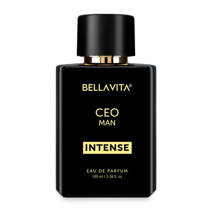 Black Bellavita perfume bottle with gold text on a white background