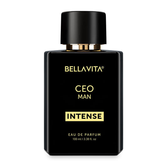 Black Bellavita perfume bottle with gold text on a white background