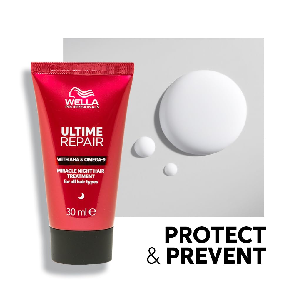 Wella Professionals Ultime Repair tube with product application on a gray background