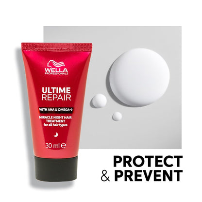 Wella Professionals Ultime Repair tube with product application on a gray background
