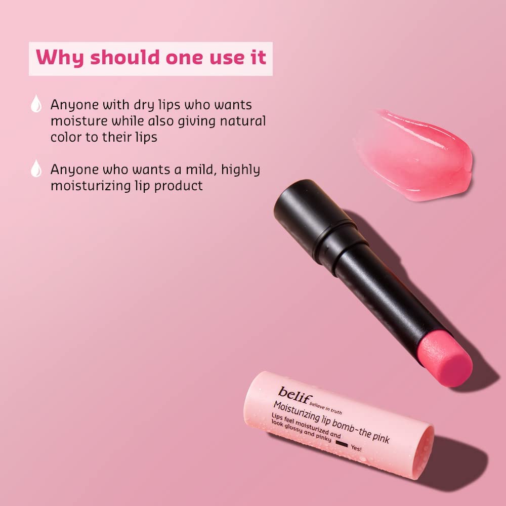 Belif moisturizing lip balm on a pink background with text about its uses.