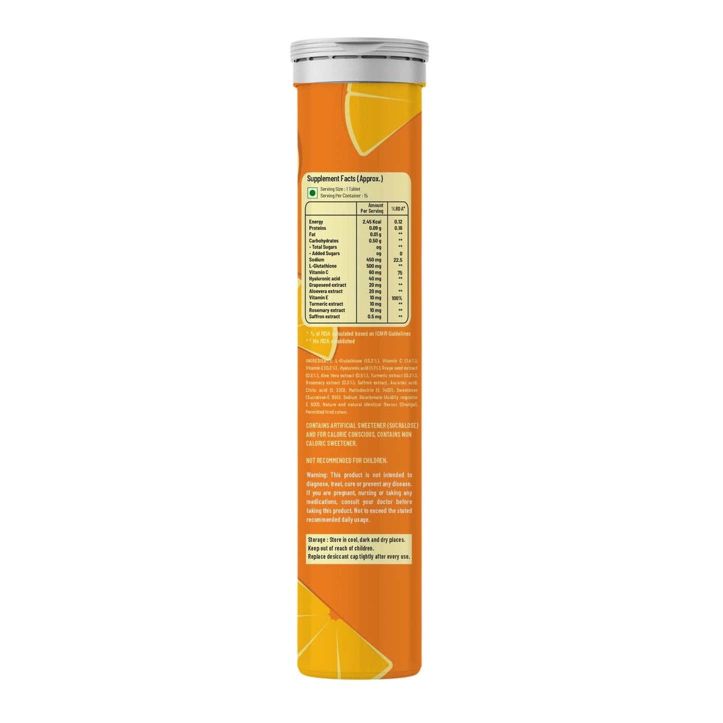 The Vitamin Factory Glutathione Tablets with Vitamin C, E & Hyaluronic Acid | 500mg L-Glutathione for Skin Glow, Hydration & Youthful Skin | Orange Flavor, 15 Tablets (Pack of 1)