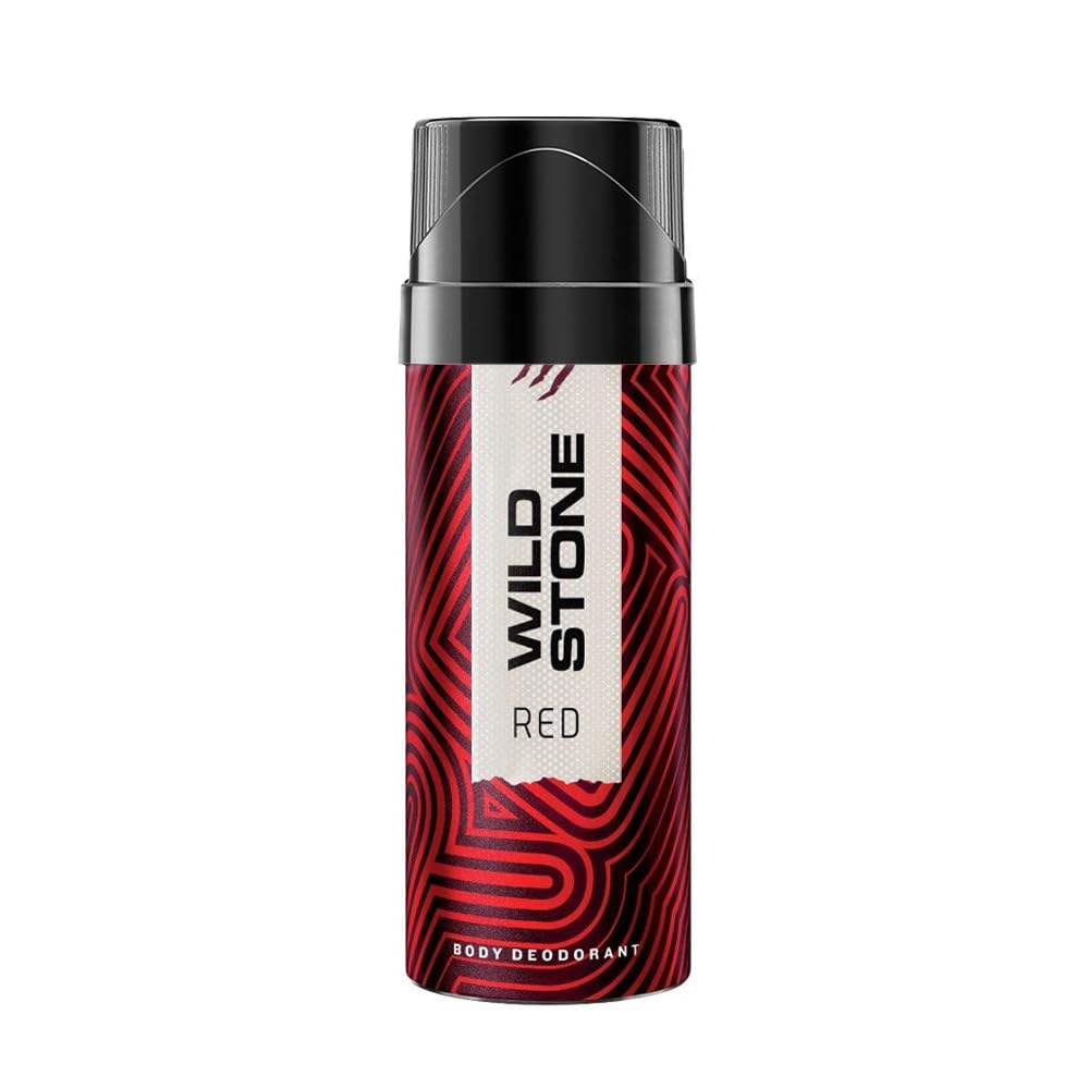 Red and black deodorant can with 'Wild Stone' branding on a white background