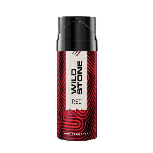 Red and black deodorant can with 'Wild Stone' branding on a white background