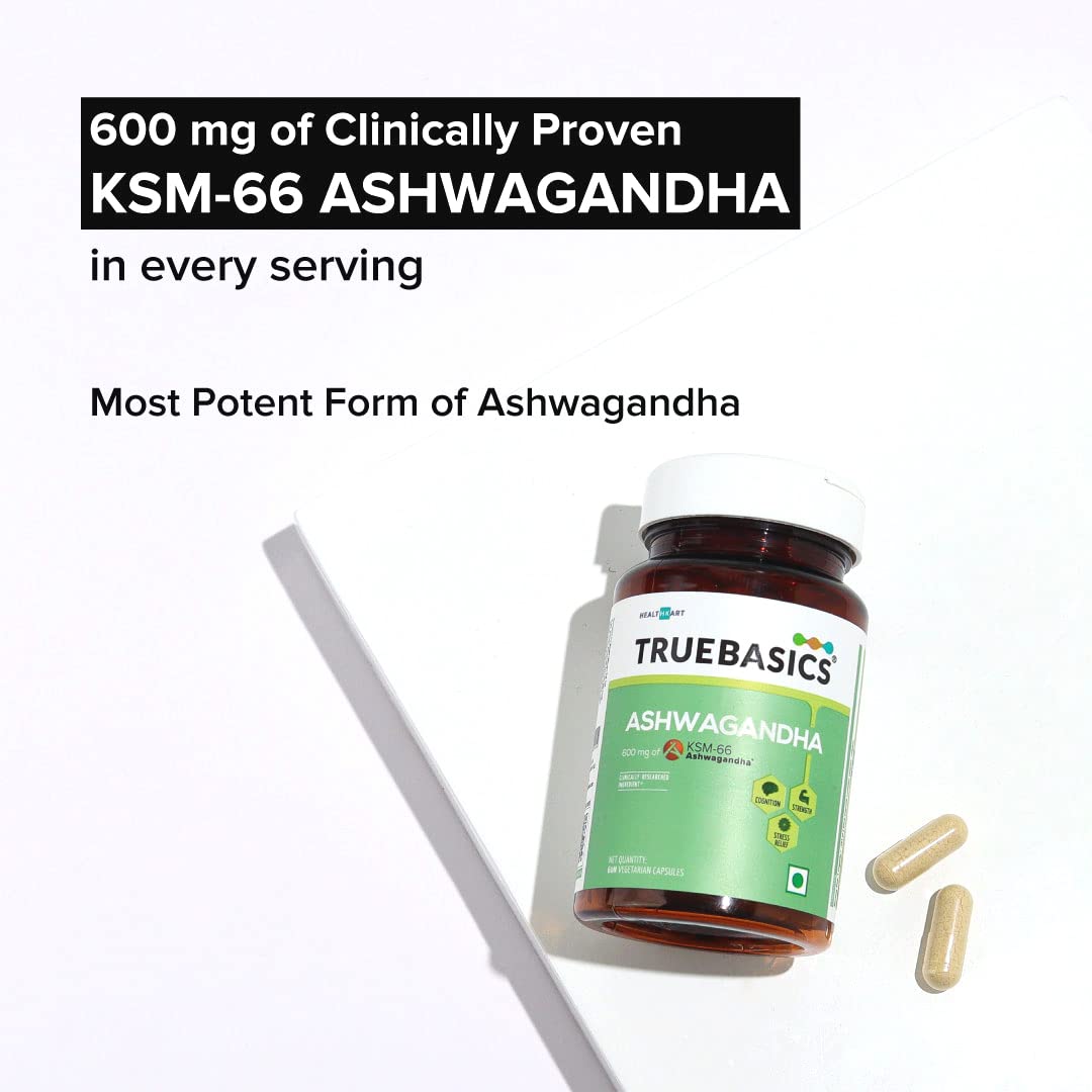 TrueBasics Ashwagandha supplement bottle with text about clinically proven KSM-66 Ashwagandha on a white background.