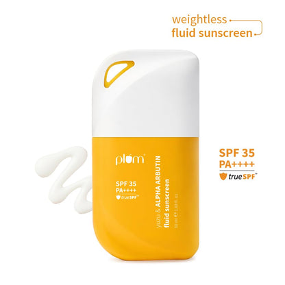 Plum Yuzu & Alpha Arbutin Weightless Fluid Sunscreen 35 PA++++  | Helps Fade Tan & Dark Spots | Ultra-light Texture | 50 gm
