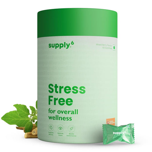 SUPPLY6 Stress Free Gummies with world's strongest KSM-66 Ashwagandha | Sleep Quality, Stress Relief, Boost Performance | Mixed Berry, Plant Based, Gluten-Free & Gelatin Free, 60 Gummies