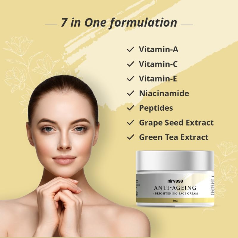 Nirvasa Anti-Ageing & Brightening Cream (50g) | With Niacinamide, Vitamins A & C & Peptides | Reduces Fine Lines & Wrinkles, Boosts Collagen & Skin Elasticity | For Men & Women