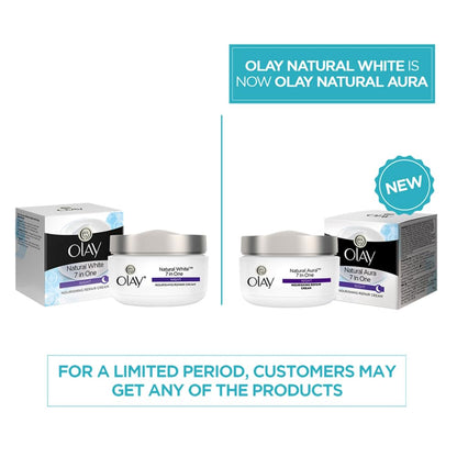 Olay Natural White and Olay Natural Aura products on a white background with promotional text.