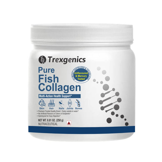 Trexgenics Pure Fish Collagen supplement container on a white background