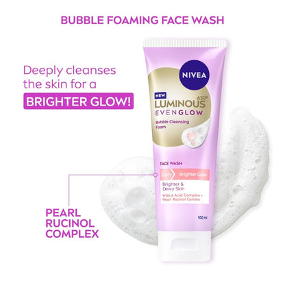NIVEA Luminous Even Glow Bubble Cleansing Foam Face Wash | For Glowing Skin, Skin Brightening & Refined Pores | Pearl Rucinol + 6 Acid Complex | Makeup Remover | Daily Face Cleanser | 100ml