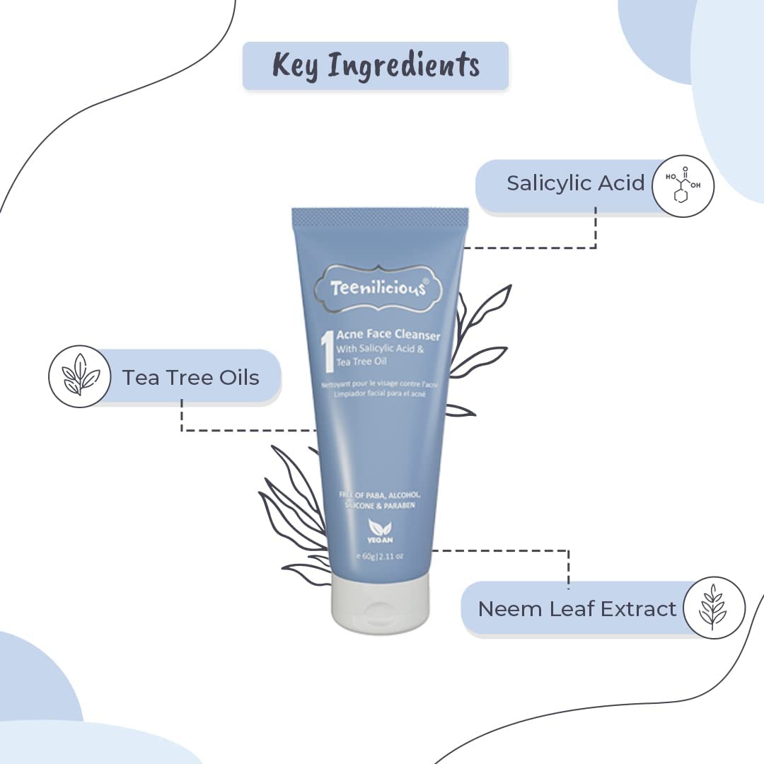 Teenilicious Acne Face Cleanser With 1.5% Salicylic Acid & Tea Tree Oil | Acne Face Cleanser For Men & Women | Face Cleanser For Blackheads & Whiteheads | For Oily Skin To Clear Skin Pores - 60gm