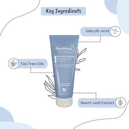 Teenilicious Acne Face Cleanser With 1.5% Salicylic Acid & Tea Tree Oil | Acne Face Cleanser For Men & Women | Face Cleanser For Blackheads & Whiteheads | For Oily Skin To Clear Skin Pores - 60gm