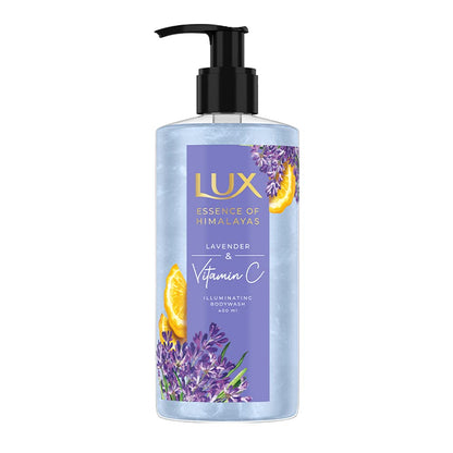 Lux body wash bottle with lavender and vitamin C ingredients on a white background