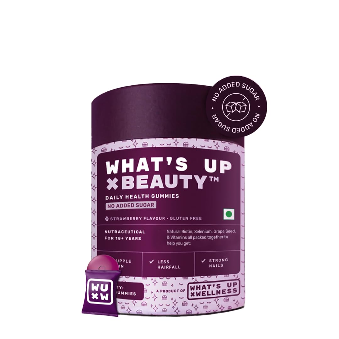 What's Up Wellness Beauty Hair Gummies for Hair Growth, Glowing Skin & Nails | No Added Sugar | Zinc, Folic Acid, Multivitamins | For Men & Women | Natural Biotin Supplement – 30 Days