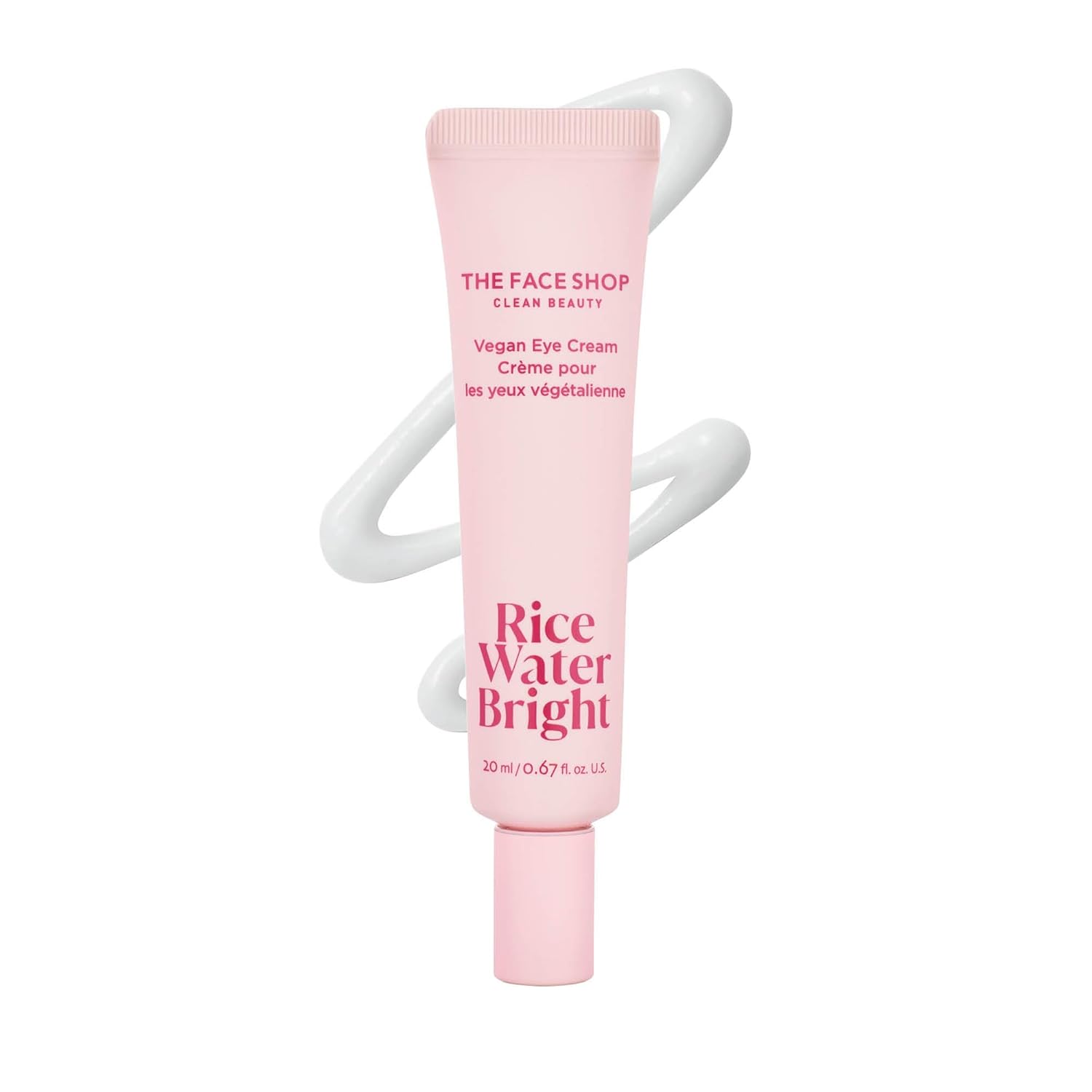 Pink tube of The Face Shop Rice Water Bright Vegan Eye Cream on a white background