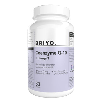 Supplement bottle labeled 'BRIYO. Coenzyme Q-10 + Omega-3' on a white background