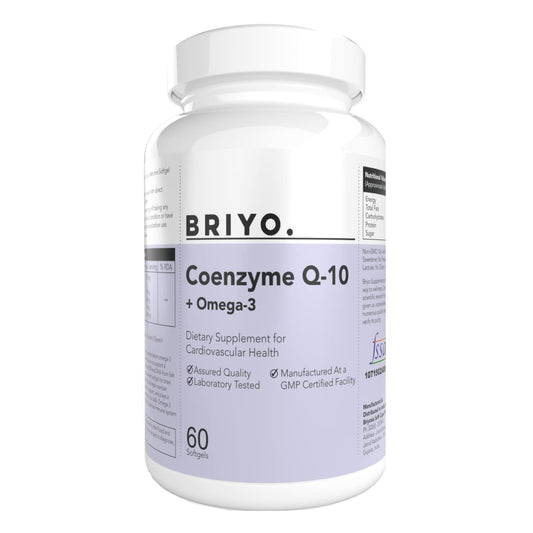Supplement bottle labeled 'BRIYO. Coenzyme Q-10 + Omega-3' on a white background