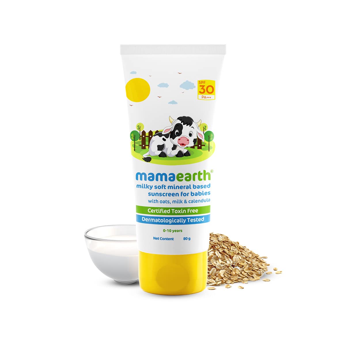 Mamaearth Milky Soft Mineral Based Sunscreen SPF 30 & PA+++ with Oats, Milk and Calendula for Babies - 80 g | Made Safe Certified | Toxin Free | Sun Protection