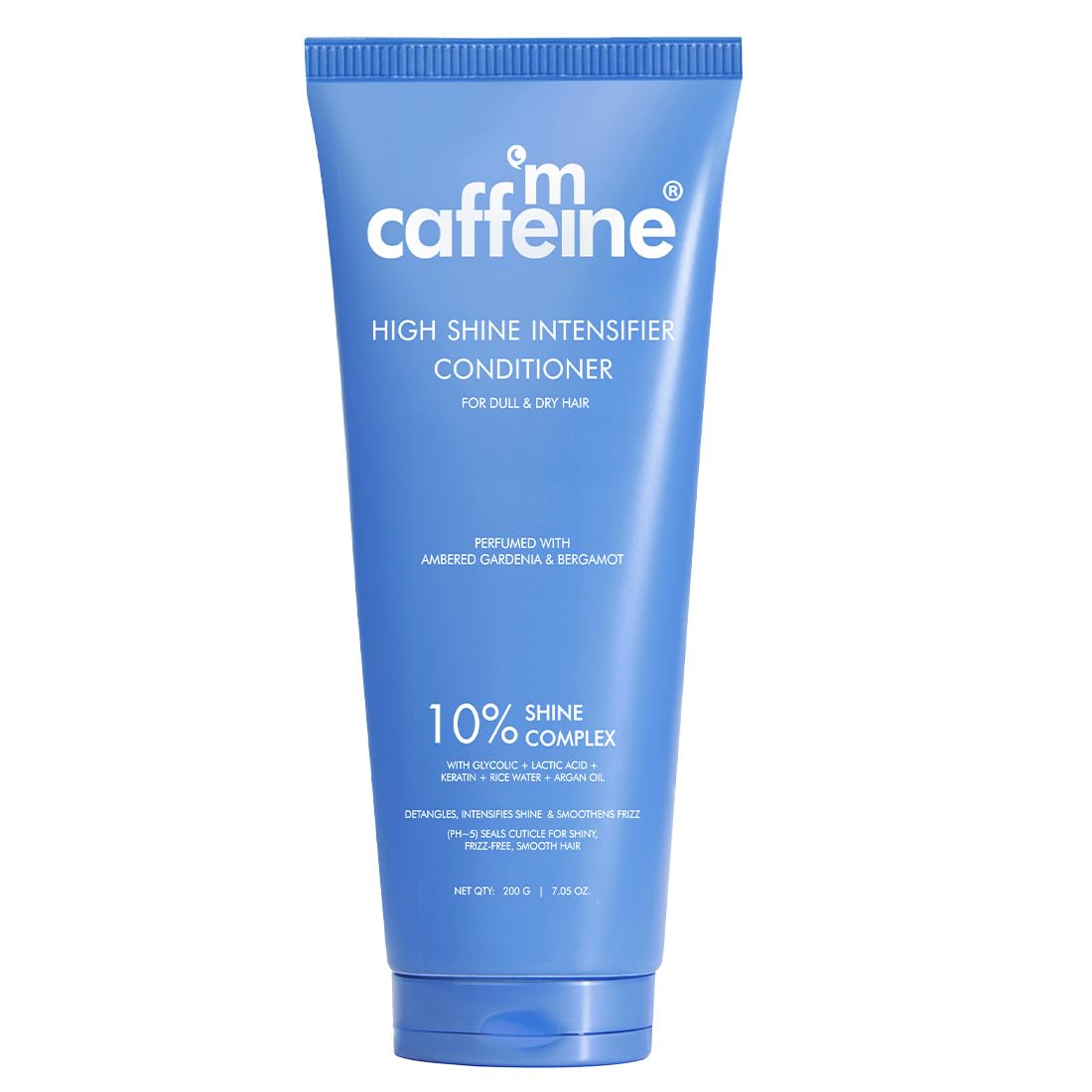 Blue tube of caffeine high shine intensifier conditioner on a white background