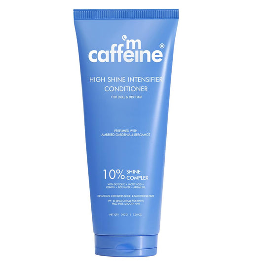 Blue tube of caffeine high shine intensifier conditioner on a white background