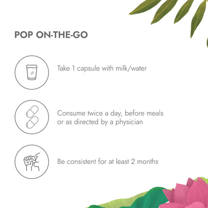 Instructions for taking a capsule with milk or water, consumed twice a day before meals, on a white background with floral elements.