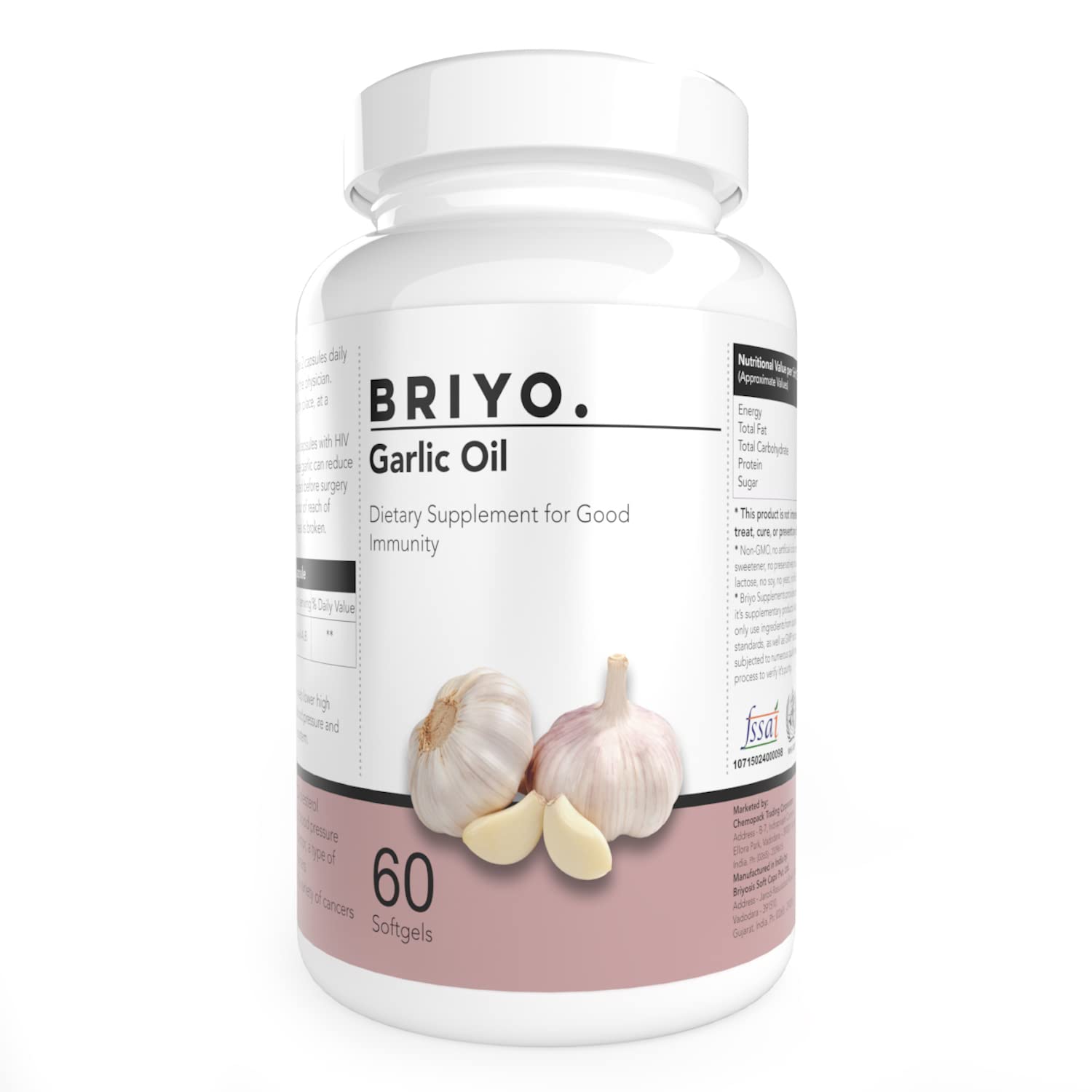 BRIYO Garlic Oil dietary supplement bottle on a white background