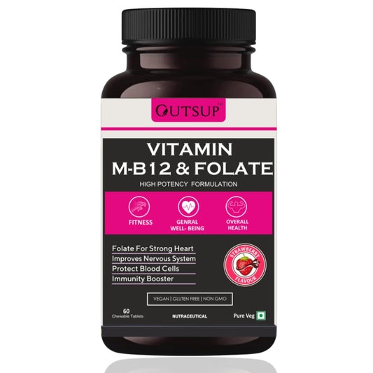 Outsup Vitamin B12 Supplement with Methylcobalamin, Folate & Vitamin B6 - Boost Energy Level | Good For Digestion And Nerve Health | Glowing Skin For Men & Women - 60 Chewable Tablets