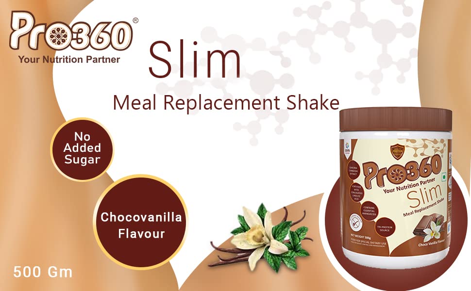 Pro360 ProSlim 500g Meal Replacement Shake Protein Powder Supplement for Men & Women | Dietary Supplement for Weight Management |No Added Sugar| | Choco Vanilla Flavor