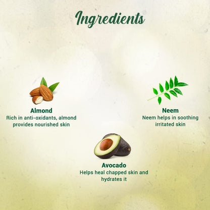 Ingredients list with almond, neem, and avocado icons and descriptions on a light background.