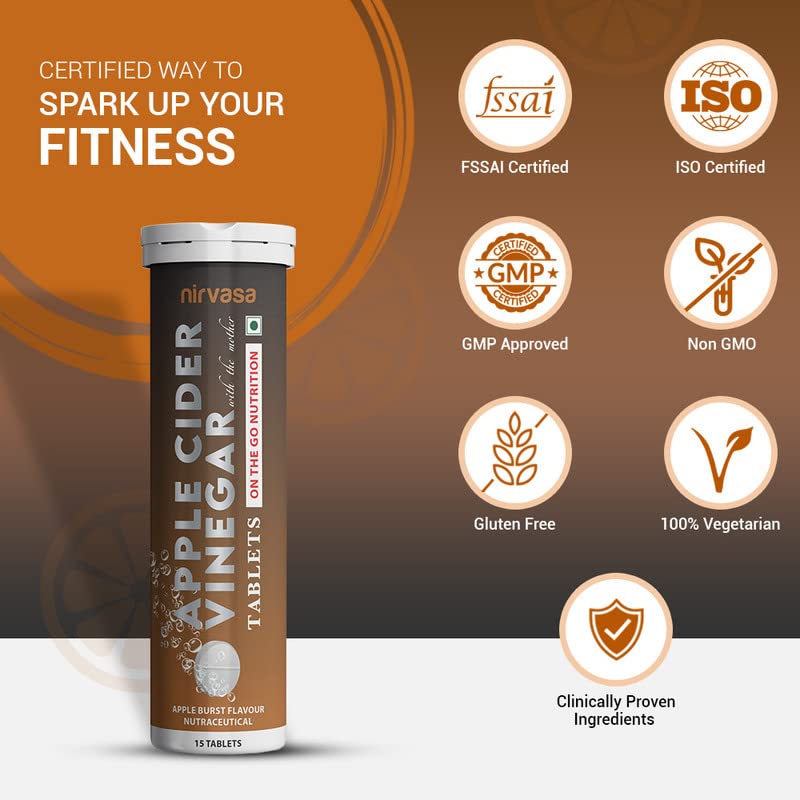 Nirvasa Apple Cider Vinegar with Mother (Apple Burst Flavour) with Pomegranate & Garcinia Cambogia Extracts | 100% Vegetarian ACV Tablets for Men & Women | 15 Effervescent Tablets X 2