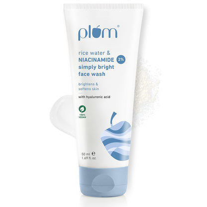 Plum Simply Bright 2% Niacinamide Face Wash With Rice Water | Brightens Skin, Helps Fade Blemishes | Softens & Smoothens Skin | Gentle & Non-Drying | Women & Men | 100% Vegan | 50 ml
