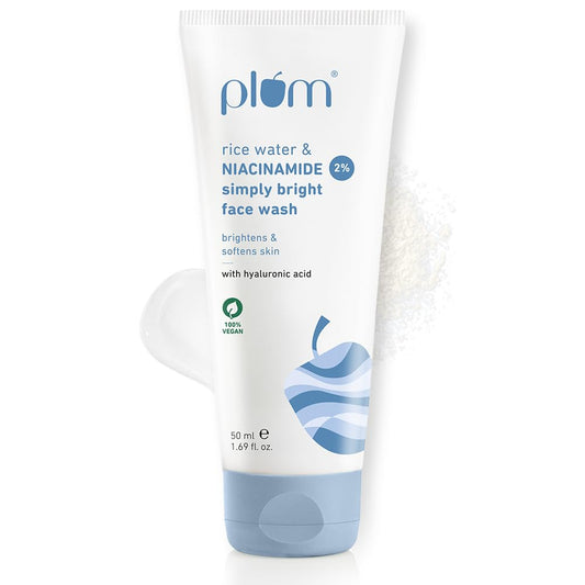 Plum Simply Bright 2% Niacinamide Face Wash With Rice Water | Brightens Skin, Helps Fade Blemishes | Softens & Smoothens Skin | Gentle & Non-Drying | Women & Men | 100% Vegan | 50 ml