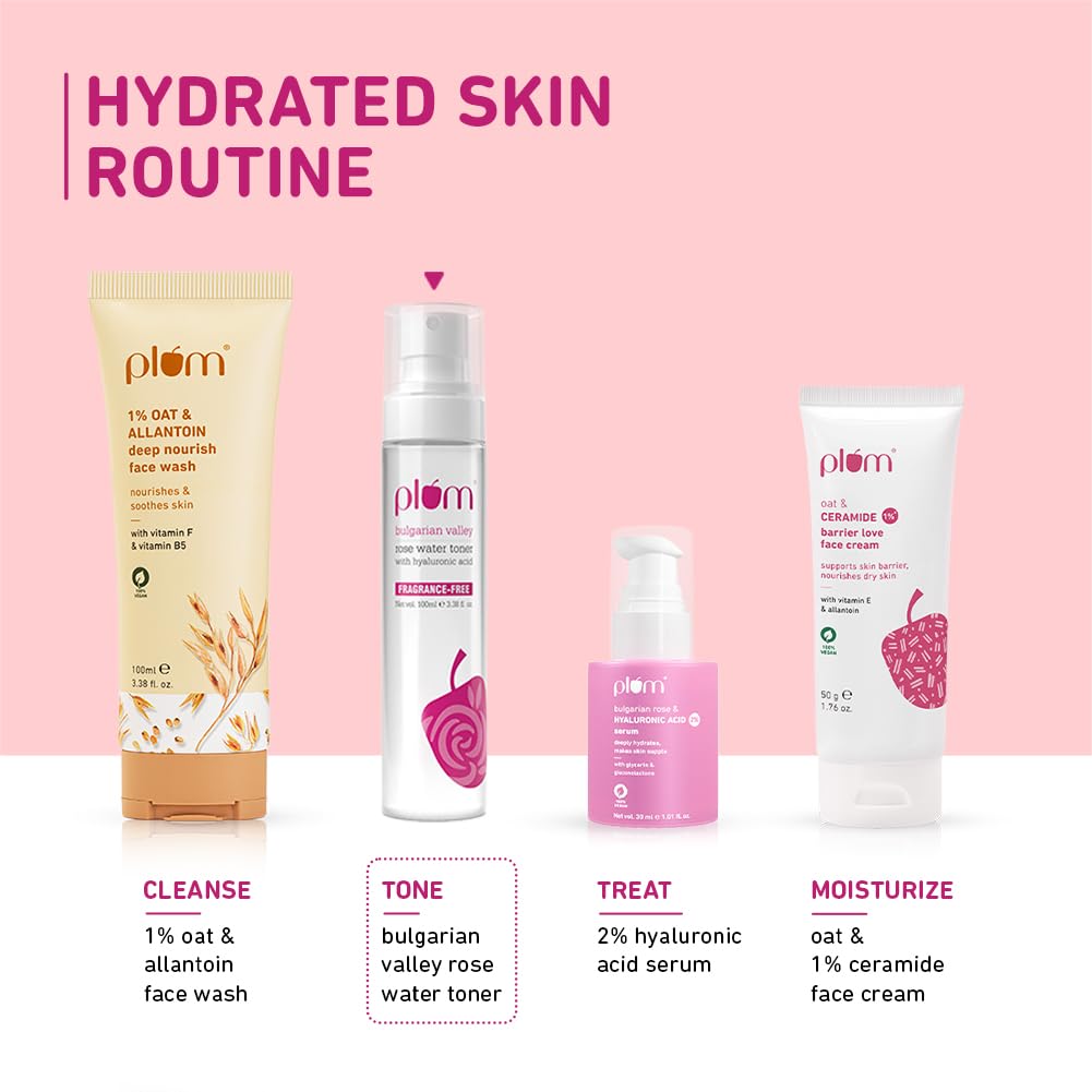 Plum Bulgarian Valley Rose Water Face Toner | for Oily Acne Prone Dry Combination Skin | with Hyaluronic Acid | Hydrating & Pores Tightening | Balances pH Levels | Alcohol-Free | Women & Men | 100ml