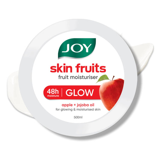 Jar of JOY skin fruits fruit moisturizer with an apple illustration on a white background