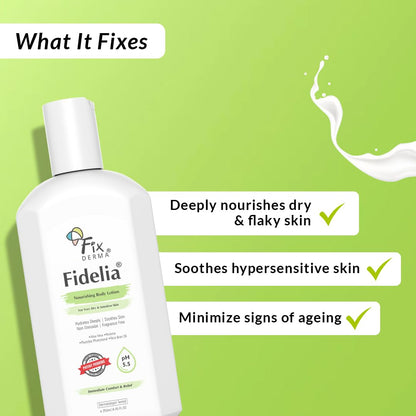 Fixderma Fidelia Nourishing Body Lotion | Moisturizer for face & Body | Body lotion for Women & Men | Body Lotion for Sensitive & Very dry skin with Rice Brain Oil & Aloe vera - 250ml