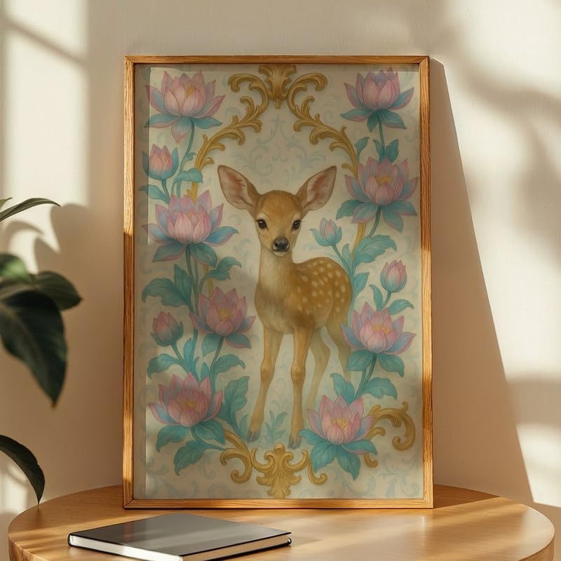 Deer & Lotus Wall Painting with Frame Set of 1 | Premium Floral Nature Artwork, Cute Fawn Animal Wall Decor for Living Room, Bedroom, Kids Room, Office and Home Decoration (3D Art-6,13x19inch)