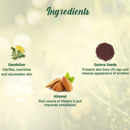 Product ingredients with dandelion, quince seeds, and almond on a light background
