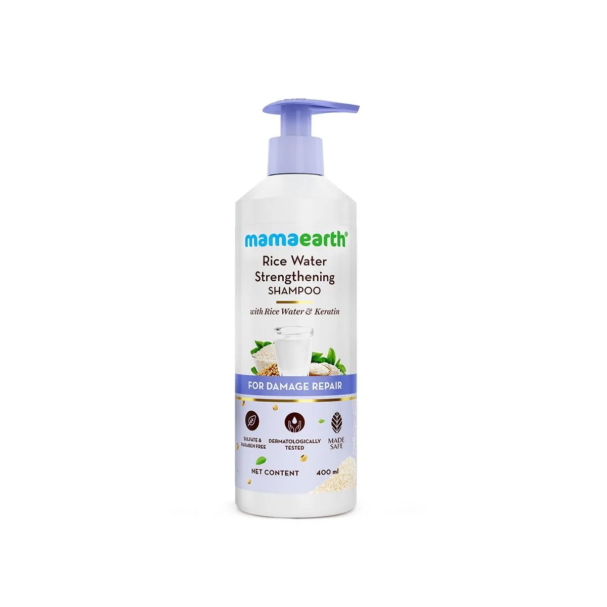 Mamaearth Rice Water Strengthening Shampoo with with Rice Water & Keratin for Damage Repair- 400 ml | Hair Strengthening | Hair Fall Reduction