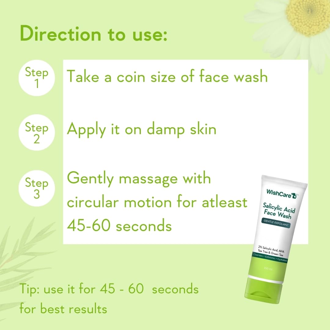 WashCare Salicylic Acid Face Wash tube with usage instructions on a green background