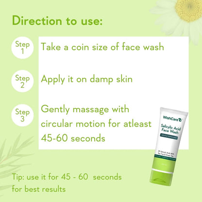 WashCare Salicylic Acid Face Wash tube with usage instructions on a green background