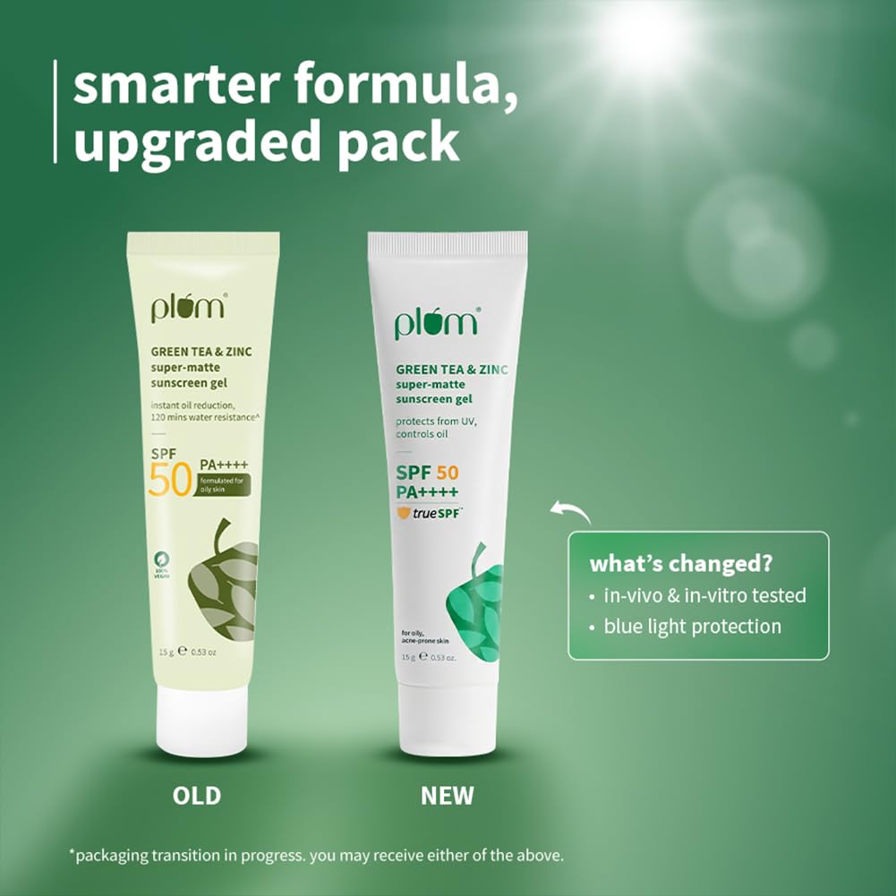 Plum Green Tea & Zinc Super-Matte Gel Sunscreen SPF 50 PA ++++ | Formulated for Oily, Combination and Acne Prone Skin | Protects & Controls Oil | Lightweight, No White Cast & Non-Sticky | Vegan | 15g