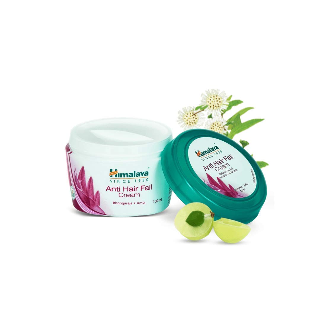 Himalaya Anti Hair Fall Cream with packaging and flowers on a white background