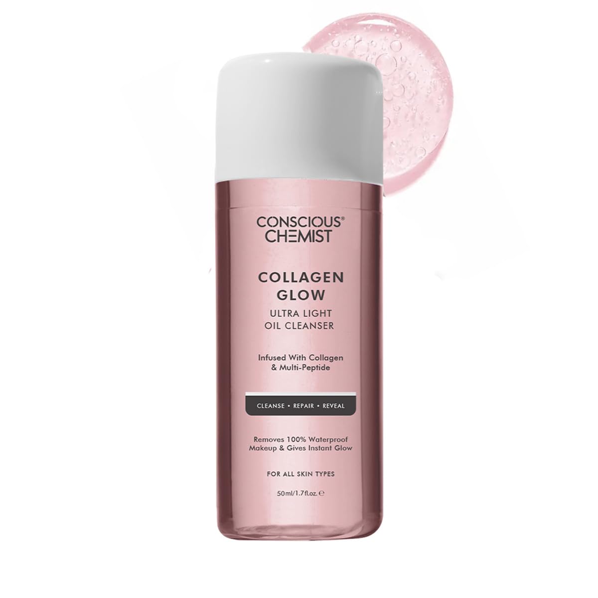 Conscious Chemist Collagen Glow oil cleanser bottle on a white background