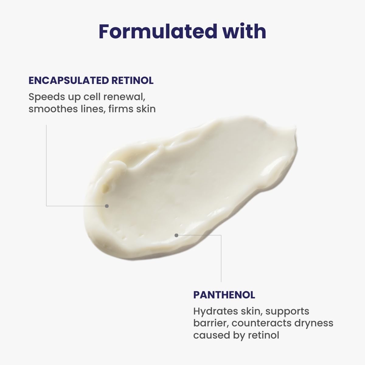 Skincare product with text about encapsulated retinol and panthenol on a white background